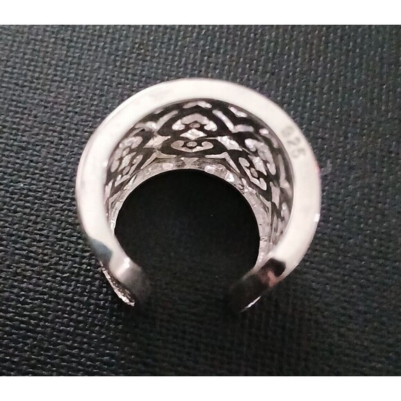 925 Sterling Silver Tall Cuff Style Cigar Band Heart Ring Open Filigree Boho - Picture 7 of 10